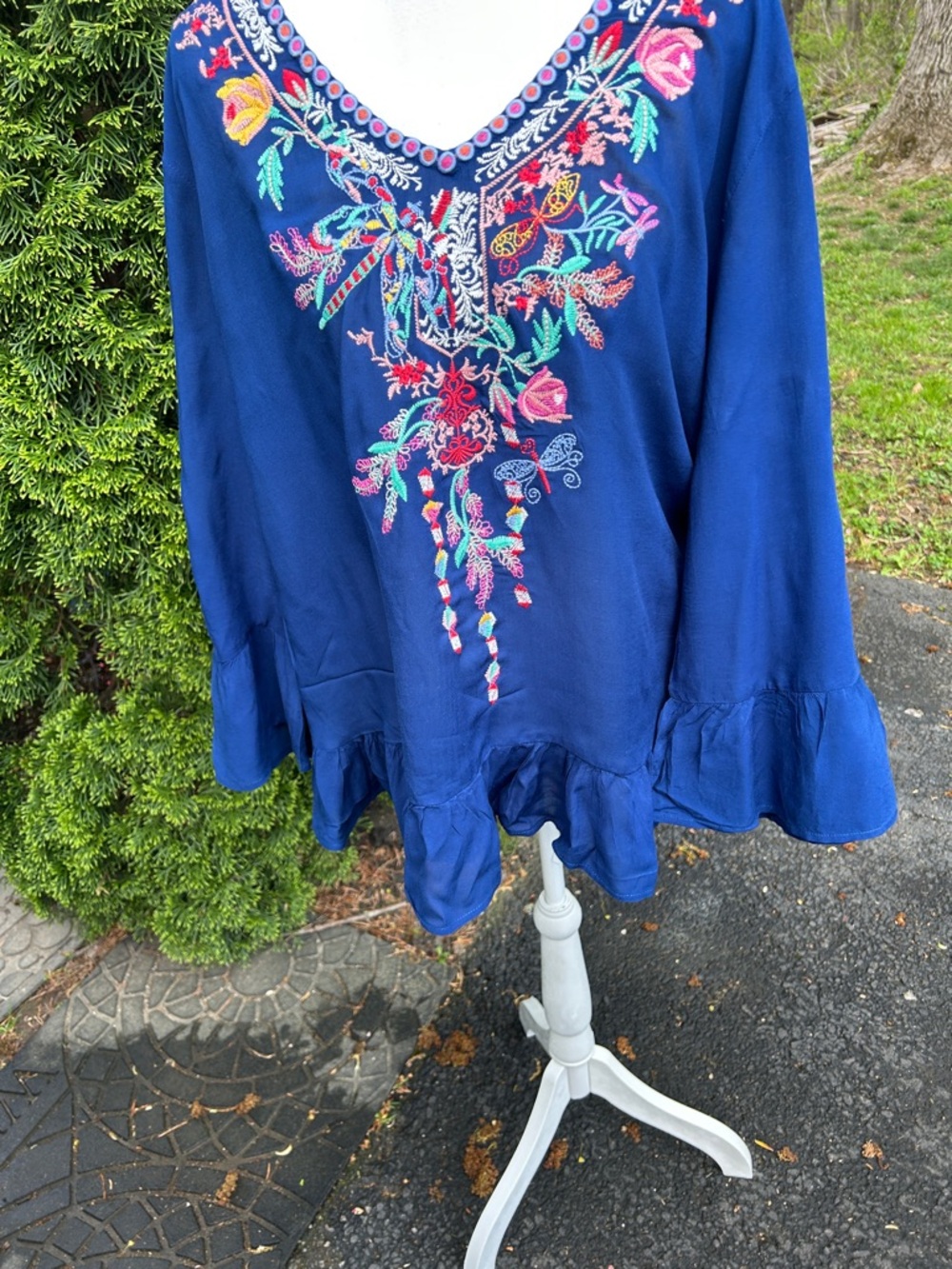 grand & greene Navy Embroidered V-Neck Ruffle Hem Tunic